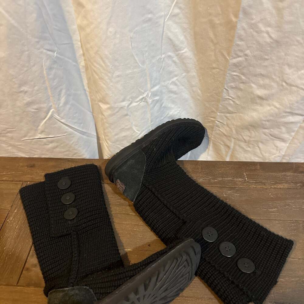 UGG Australia Classic Cardy Black Knit 3-Button Tall Sweater Boots